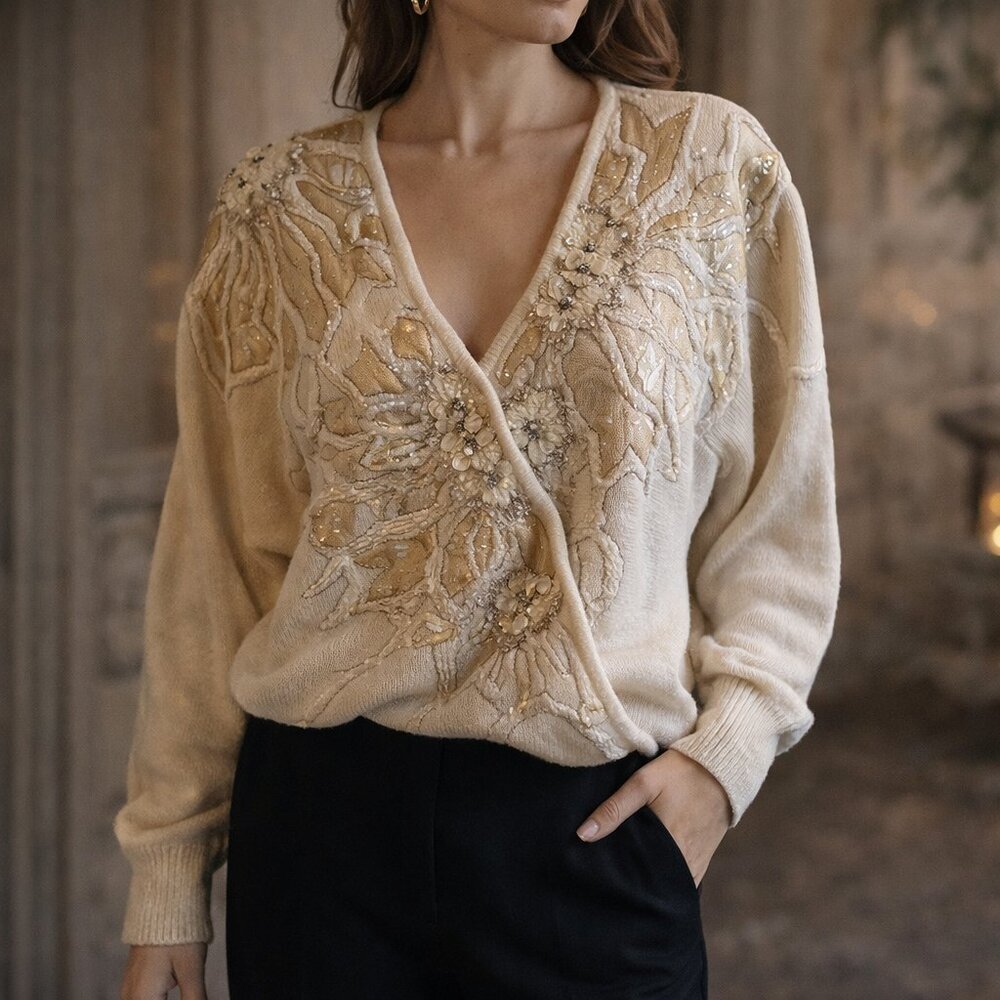 Bonnie Boerer & Company VTG 80s Beaded Faux Wrap Sweater Ivory Gold SZL Glam